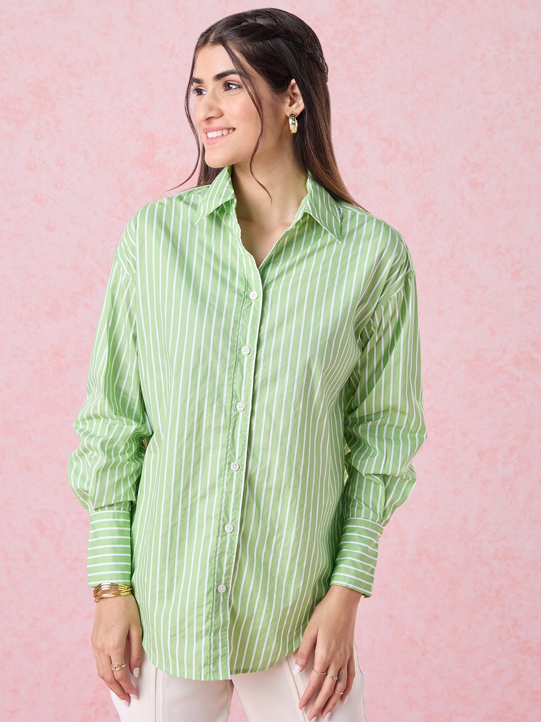 

20Dresses Green & White Comfort Vertical Striped Pure Cotton Casual Shirt