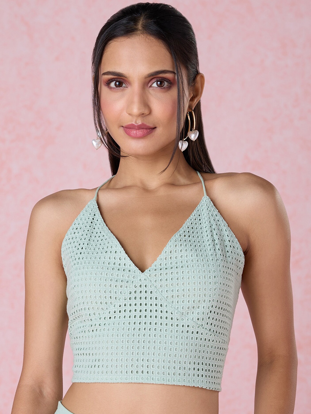 

20Dresses Green Schiffli Self Design Pure Cotton Bralette Crop Top