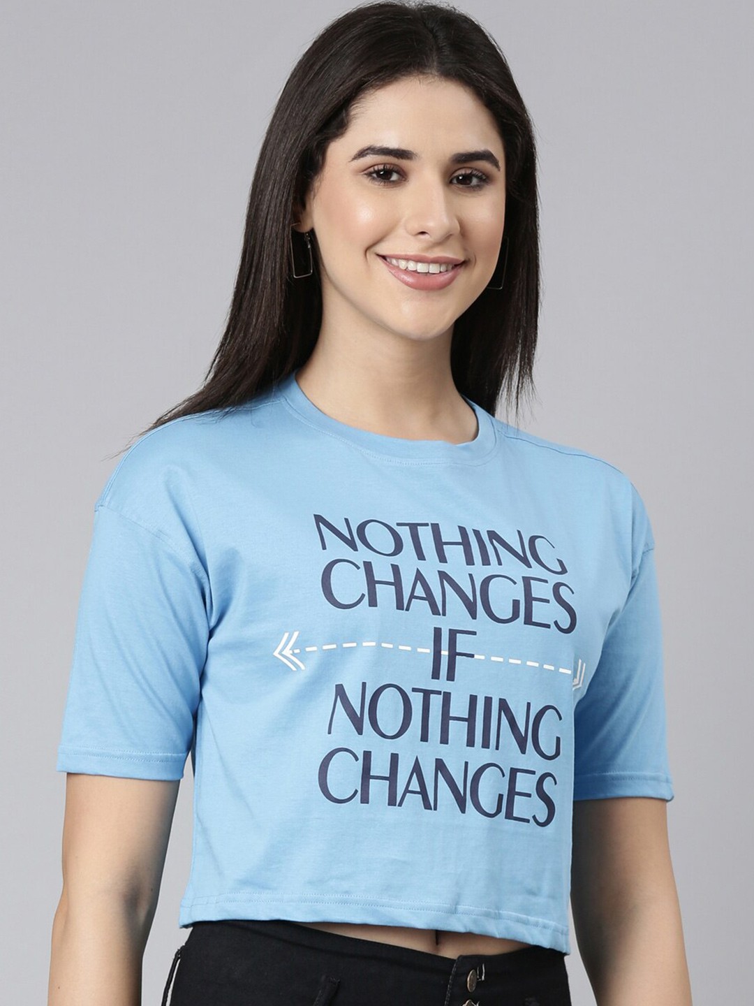 

Kryptic Typography Printed Drop-Shoulder Cropped Pure Cotton T-shirt, Blue