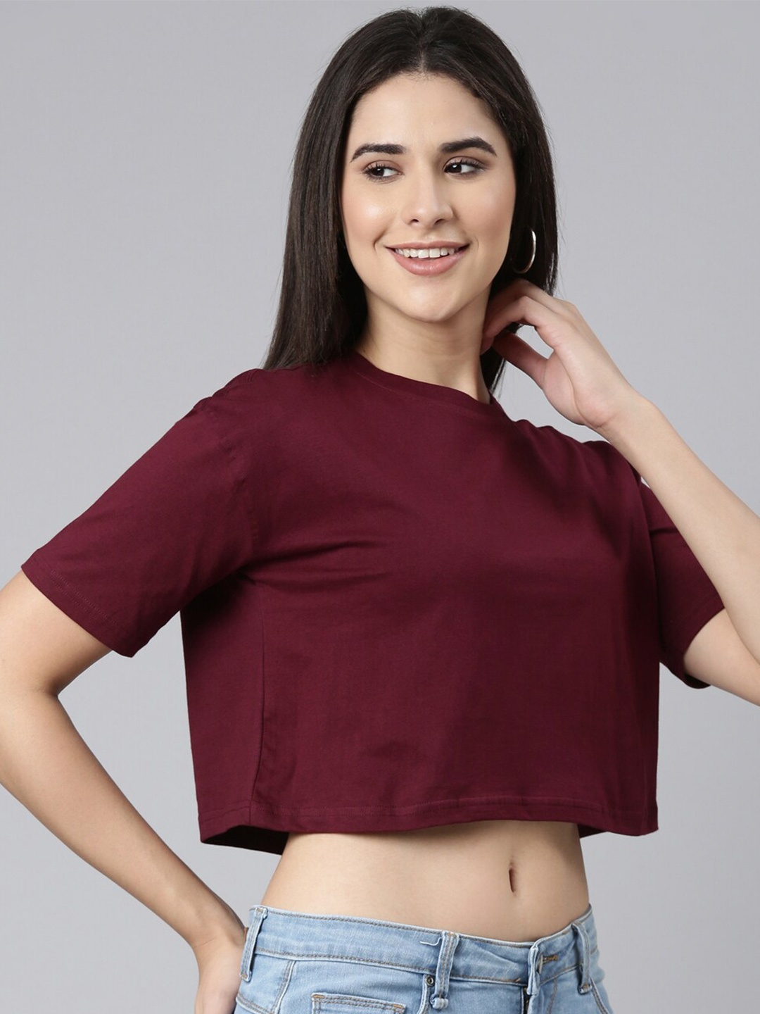 

Kryptic Drop-Shoulder Sleeves Oversized Cropped Pure Cotton T-shirt, Burgundy