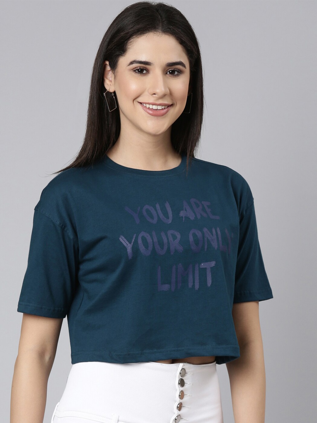 

Kryptic Printed Cotton Drop-Shoulder Sleeves Oversized Crop T-shirt, Teal