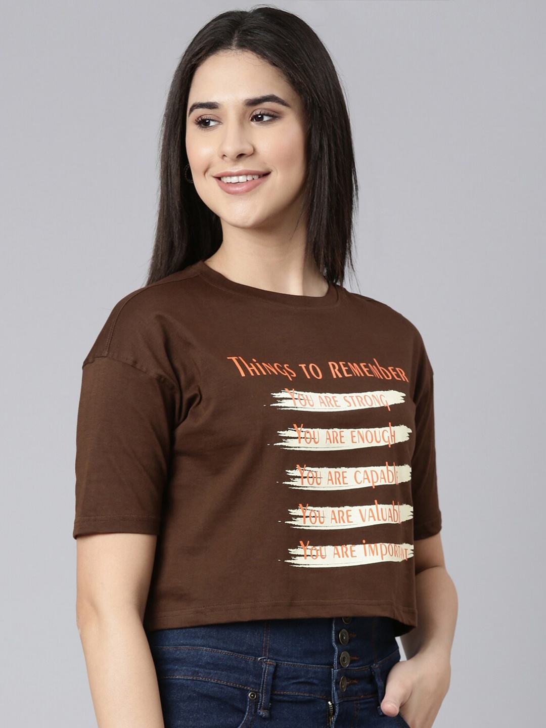 

Kryptic Typography Printed Oversized Drop-Shoulder Sleeves Cropped Pure Cotton T-shirt, Brown