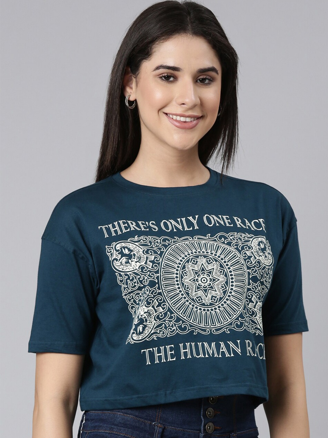 

Kryptic Typography Printed Drop-Shoulder Cotton Oversized Crop T-shirt, Teal
