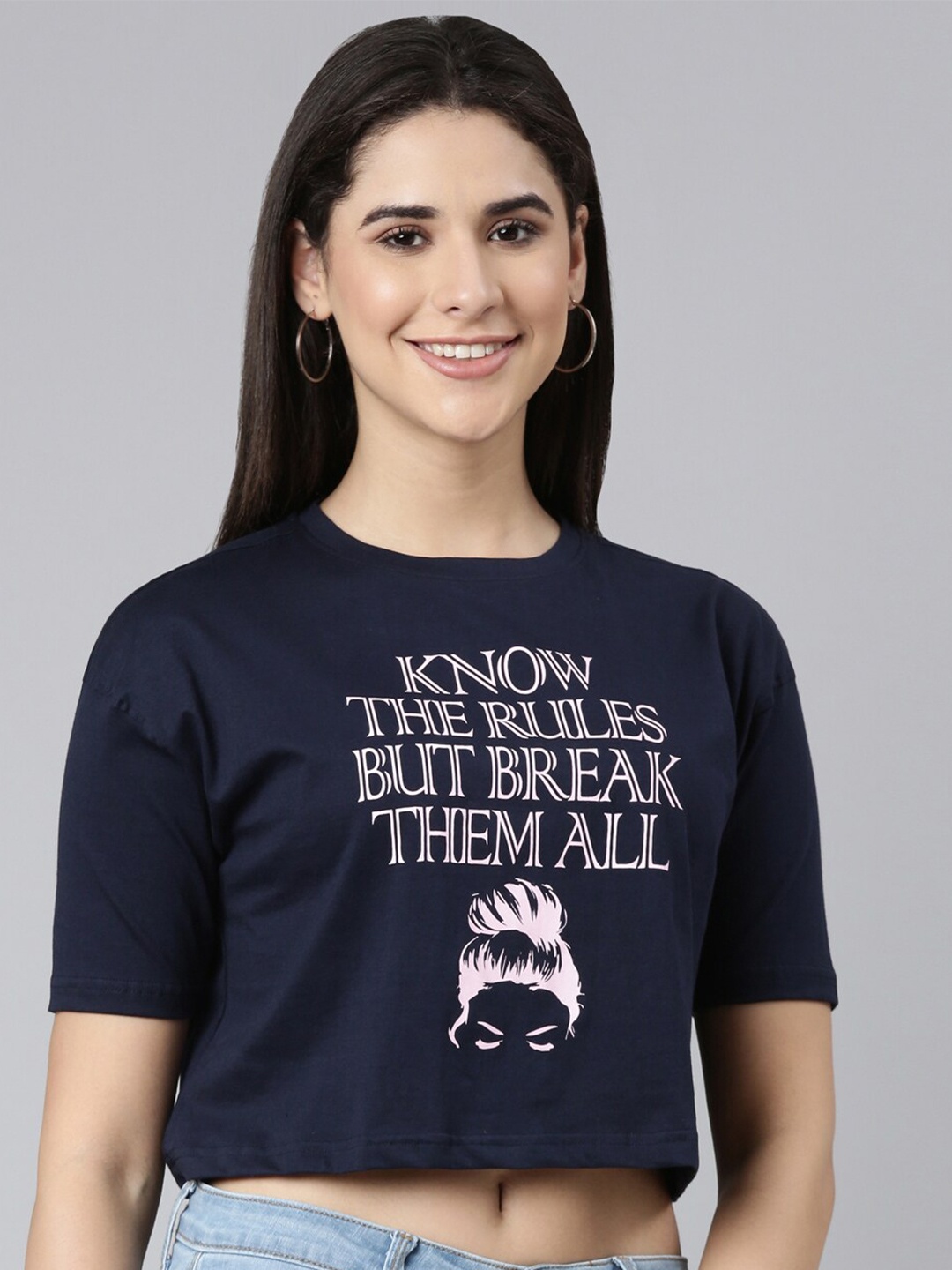 Kryptic Printed Cotton Drop-Shoulder Sleeves Oversized Crop T-shirt, Navy blue