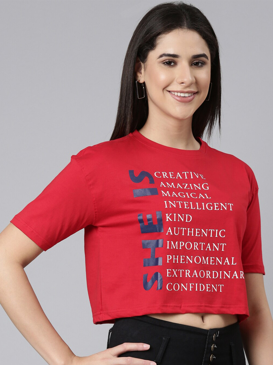 

Kryptic Women Printed Pure Cotton Drop-Shoulder Sleeves Oversized Crop Tshirt, Red