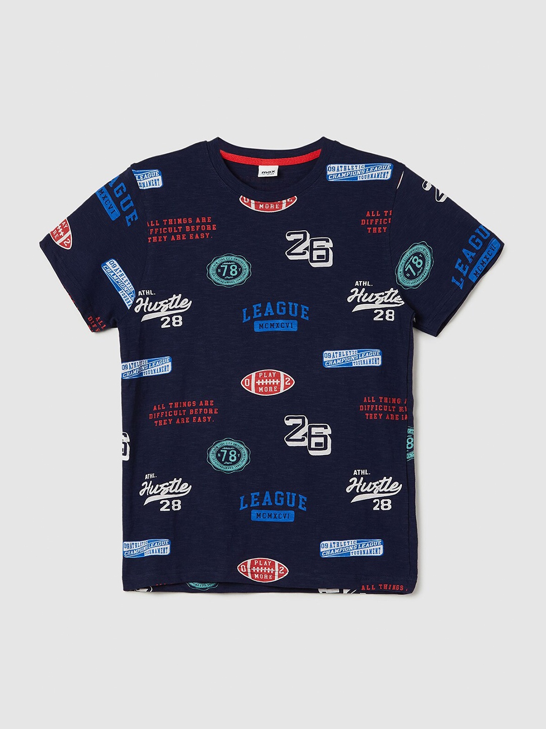

max Boys Typography Printed Pure Cotton T-shirt, Navy blue