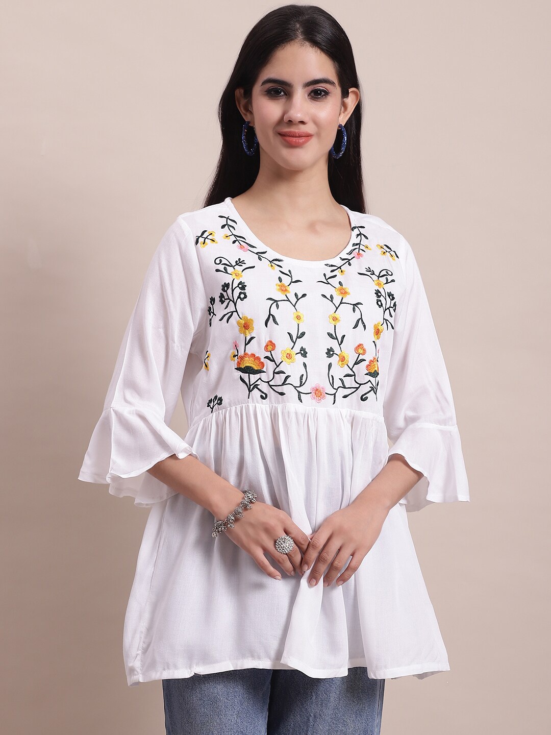 

KALINI Floral Embroidered Bell Sleeves Empire Longline Top, White