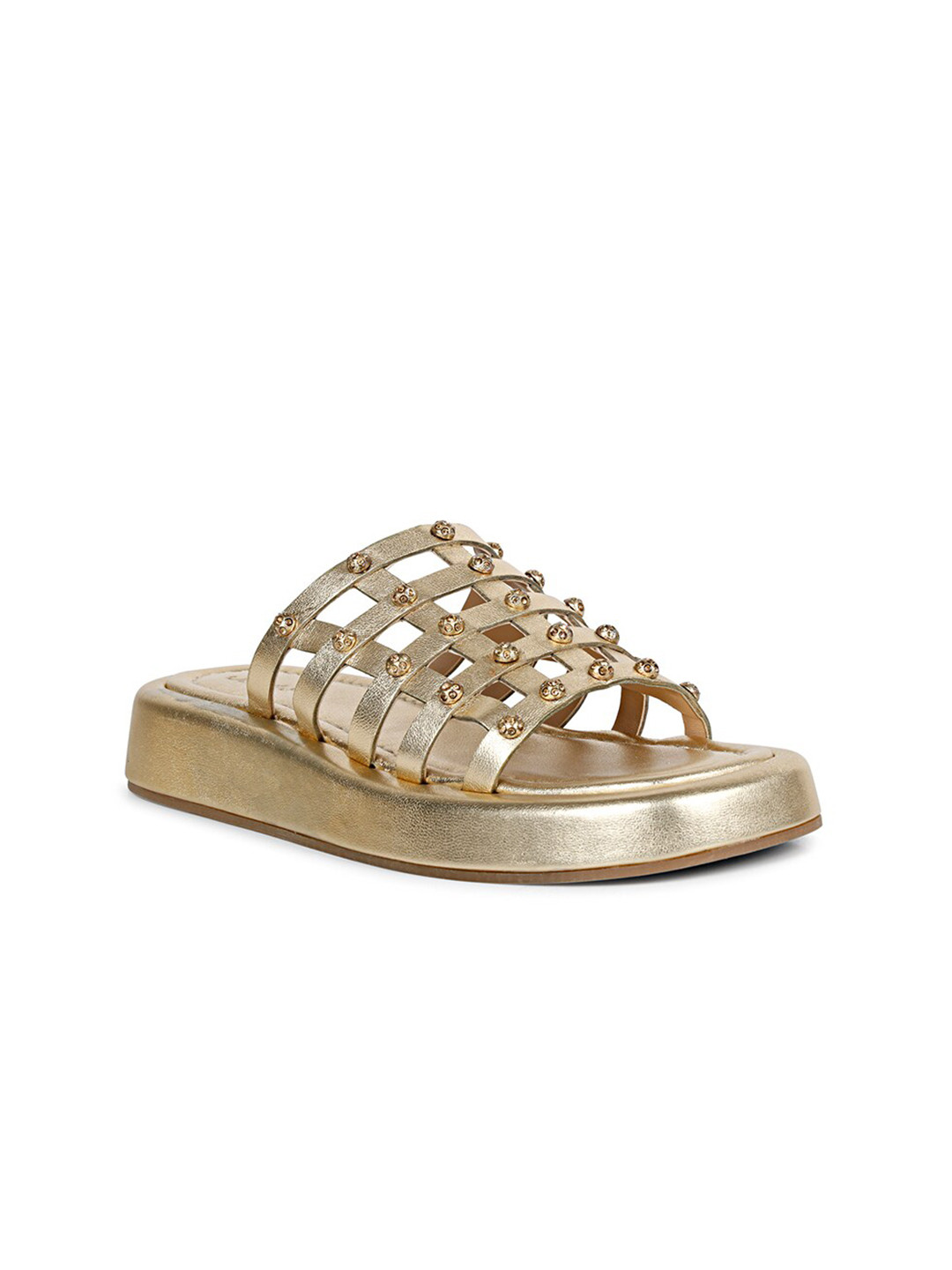 

Saint G Embellished Leather Open Toe Flats, Gold