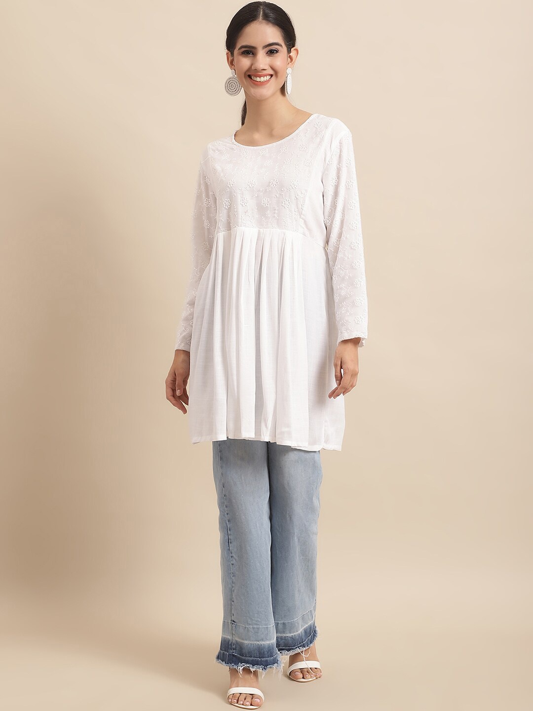 

Sangria Women Embroidered Round Neck A-Line Kurta, White