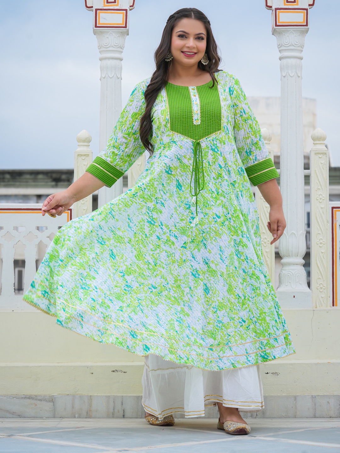 

YASH GALLERY Abstract Printed Cotton A-Line Kurta, Green