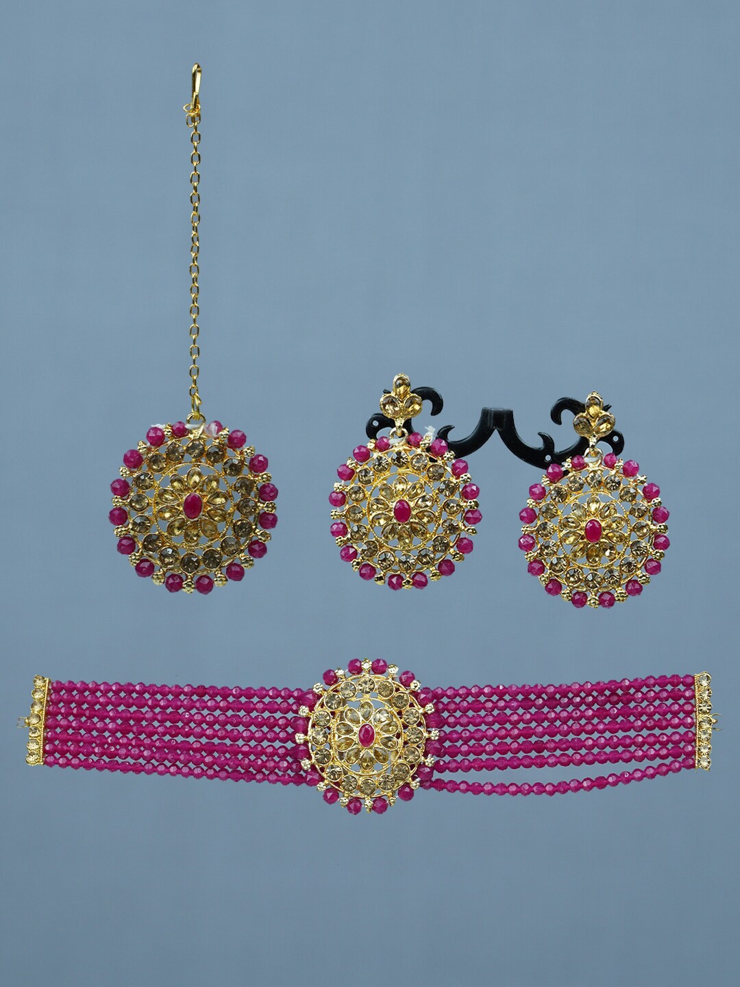 

Diksha collection Gold-Plated Stone-Studded & Baeded JewellerySet