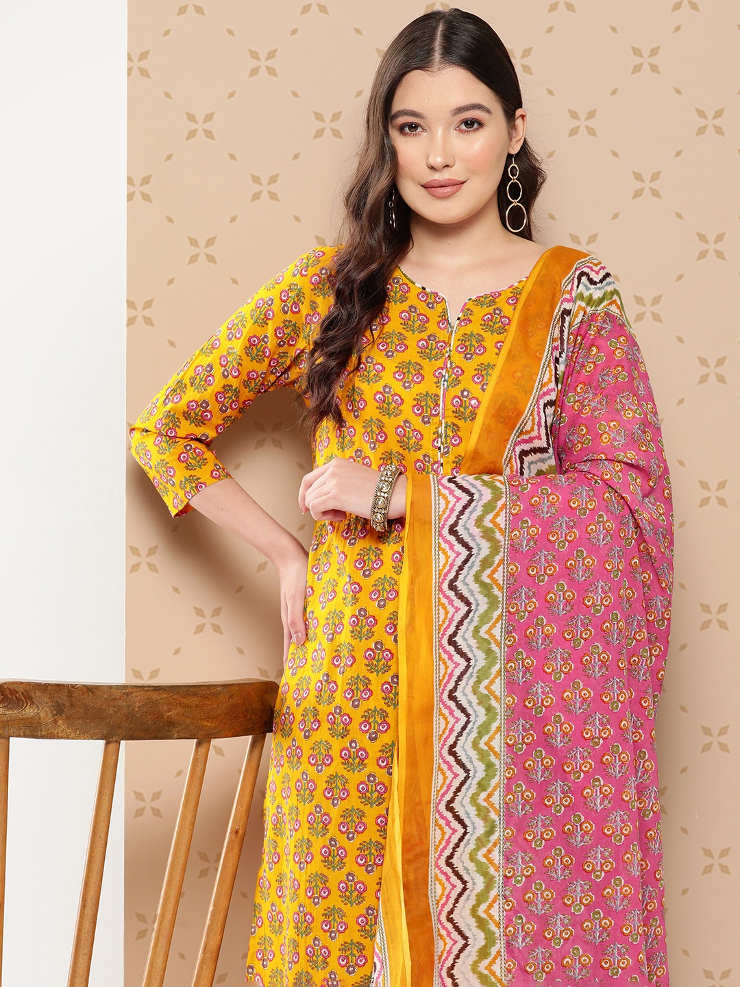 

ZOLA Floral Block Print Pure Cotton Kurta with Trousers & Dupatta, Yellow