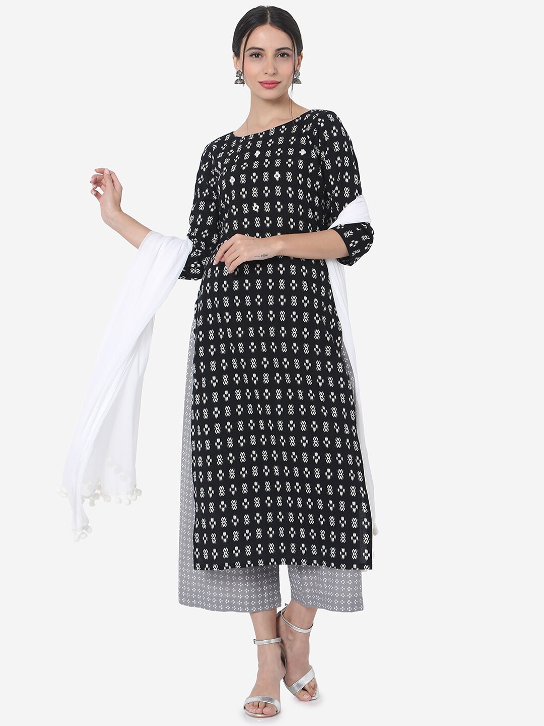 

Saanjh Black Geometric Printed Pure Cotton Kurta With Palazzos & Dupatta