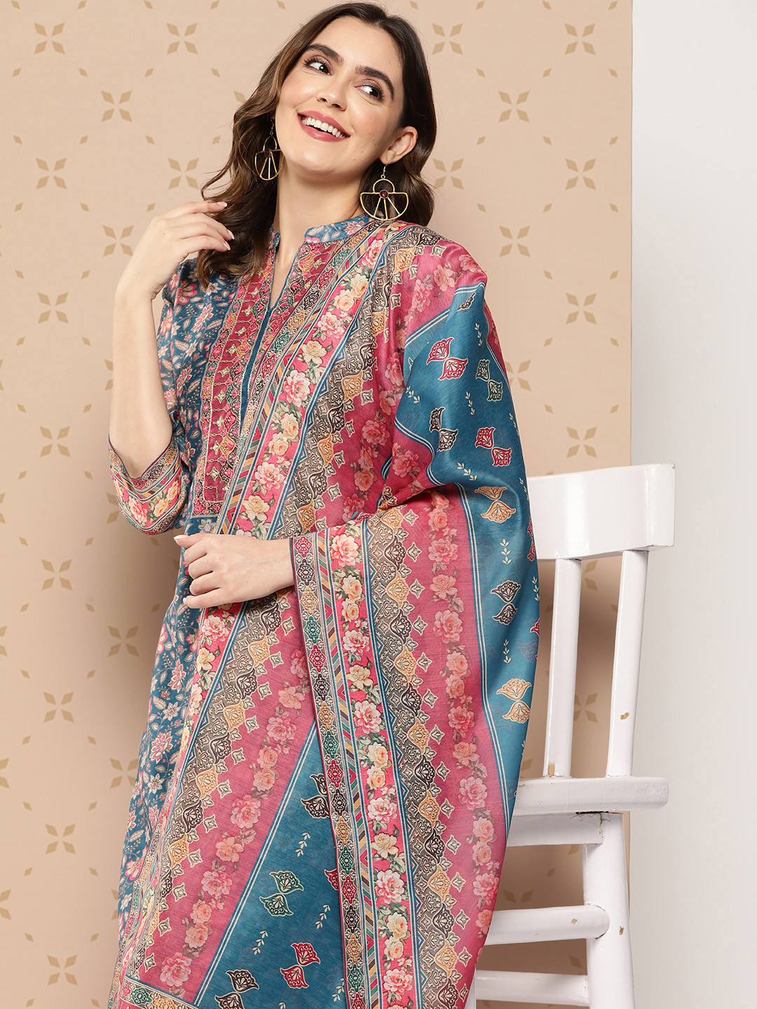 

ZOLA Floral Printed Mirror Work Chanderi Silk Kurta With Trousers & Dupatta, Blue