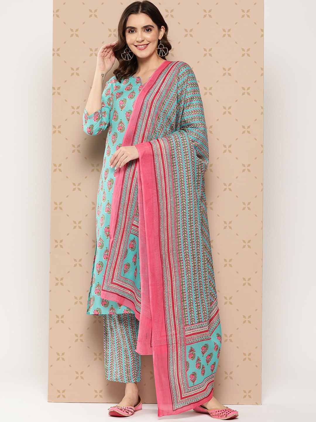 

ZOLA Floral Printed Kantha Work Pure Cotton Kurta With Trousers & Dupatta, Blue