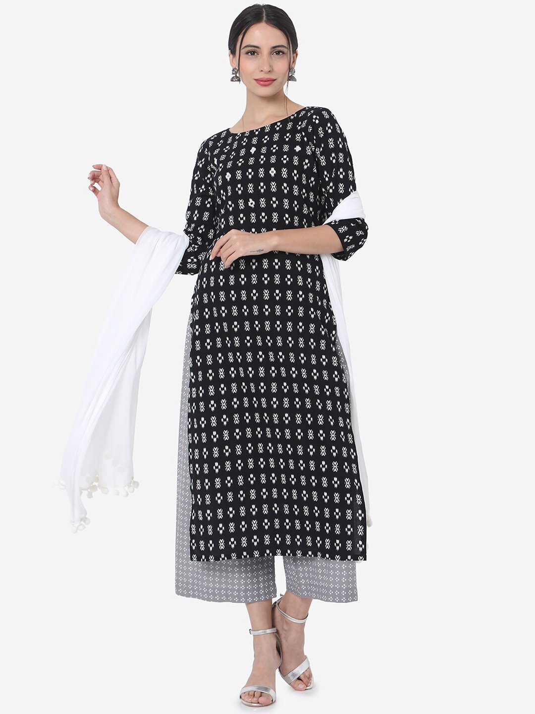 

KALINI Floral Printed Pure Cotton Kurta with Palazzos & With Dupatta, Black