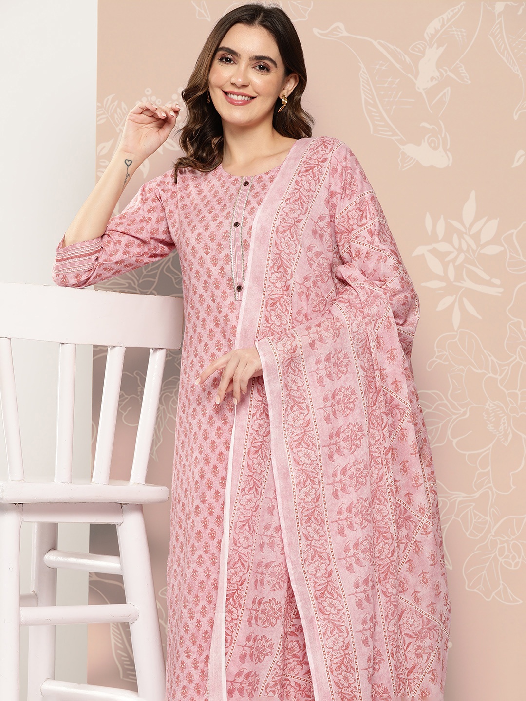 

ZOLA Ethnic Motifs Printed Regular Pure Cotton Kurta Set & With Dupatta, Pink