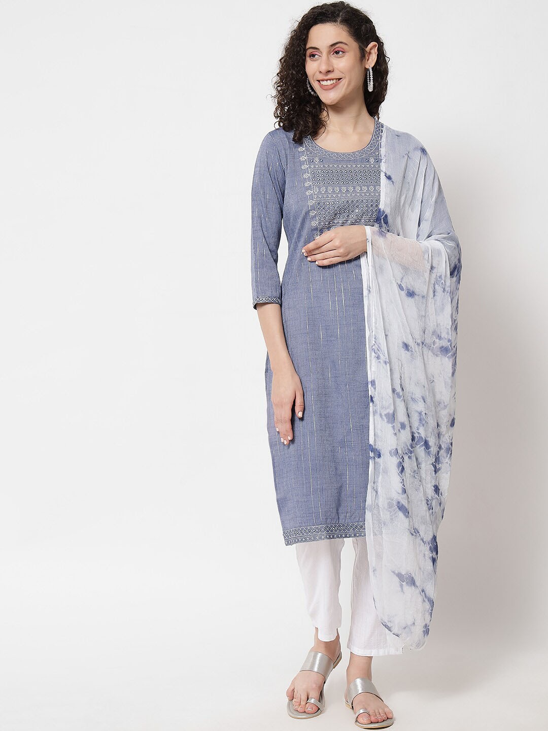 

KALINI Striped Mirror Work Kurta with Trousers & With Dupatta, Grey