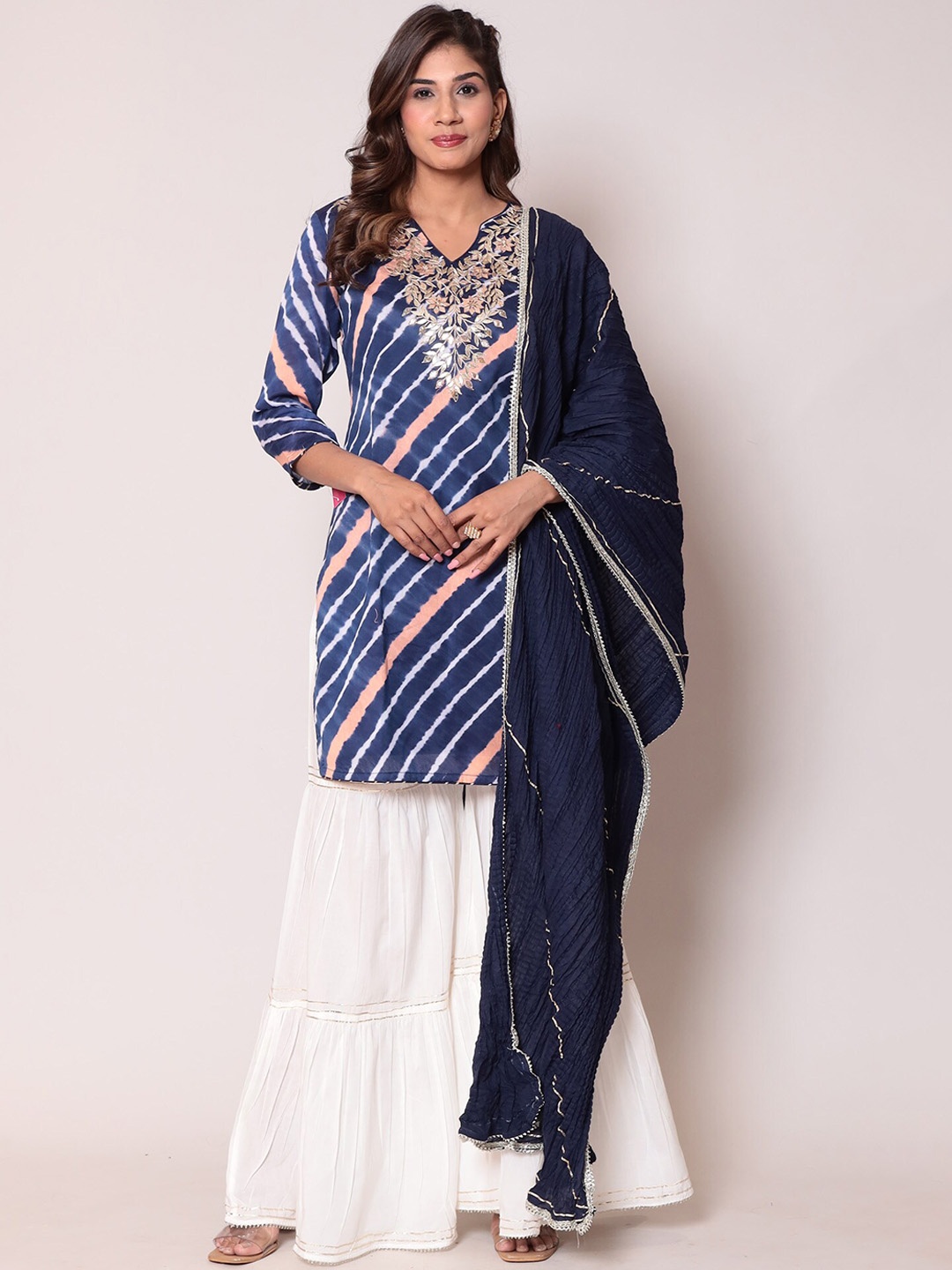 

ZARI Printed Regular Gotta Patti Kurta With Sharara & Dupatta, Blue