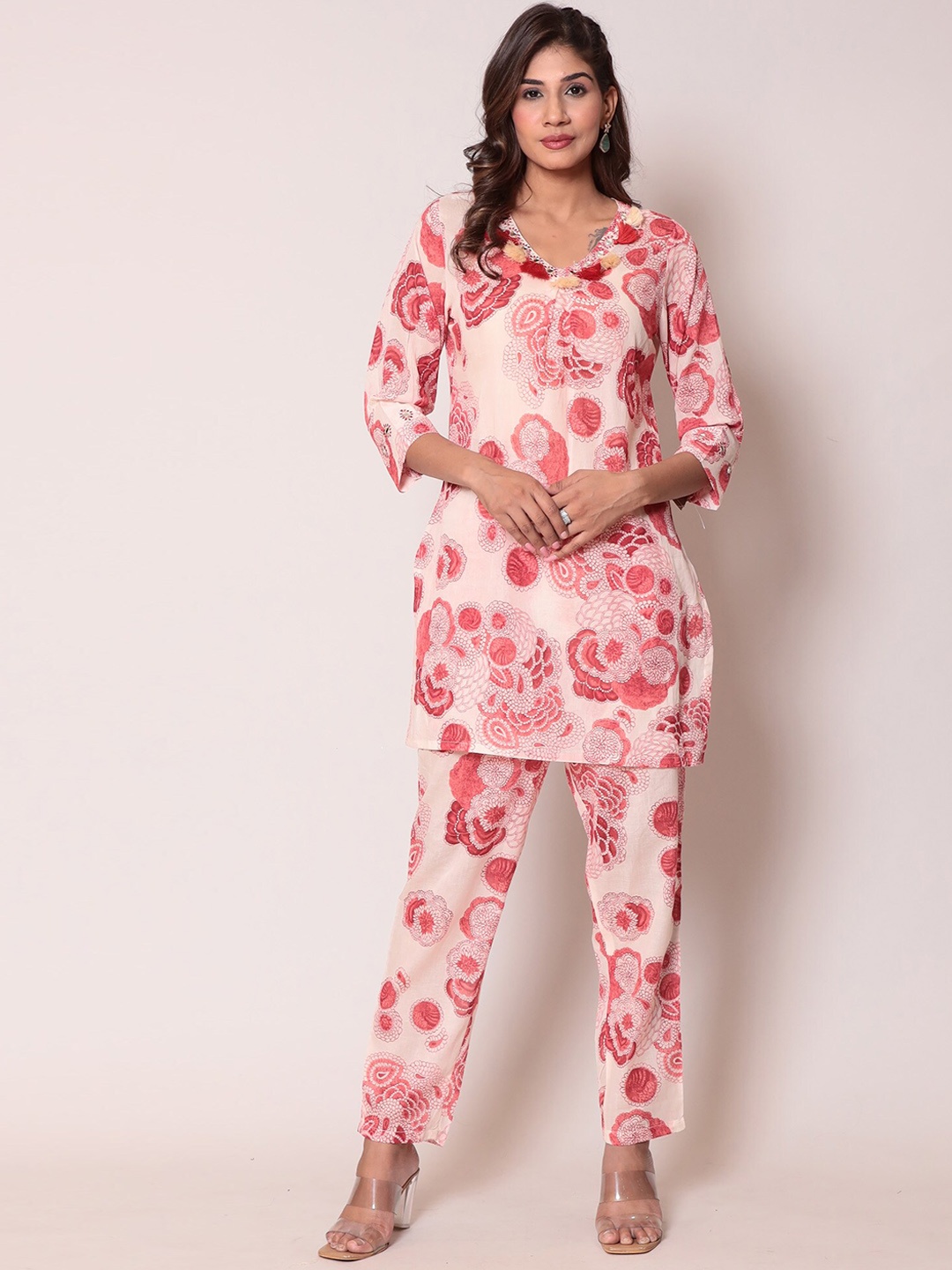 

ZARI Floral Printed Straight Mirror Work Kurta with Trousers, Pink