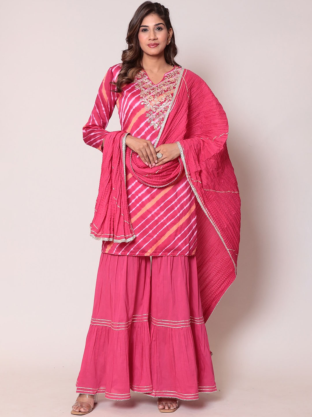 

ZARI Women Printed Regular Gotta Patti Kurta With Sharara & With Dupatta, Pink