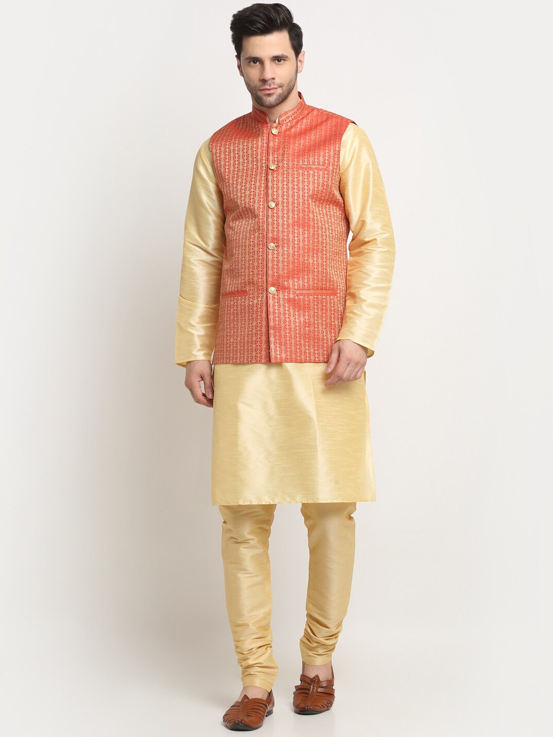 

KRAFT INDIA Regular Kurta with Churidar & Nehru Jacket, Beige