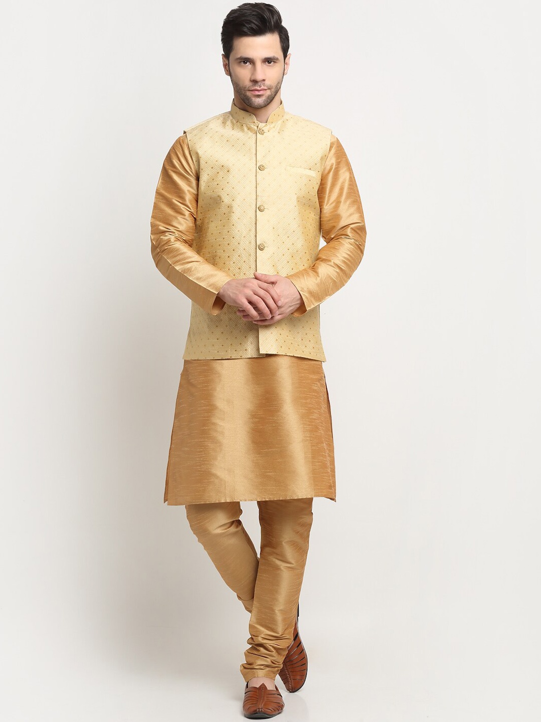 

KRAFT INDIA Mandarin Collar Kurta With Churidar & Nehru Jacket, Gold