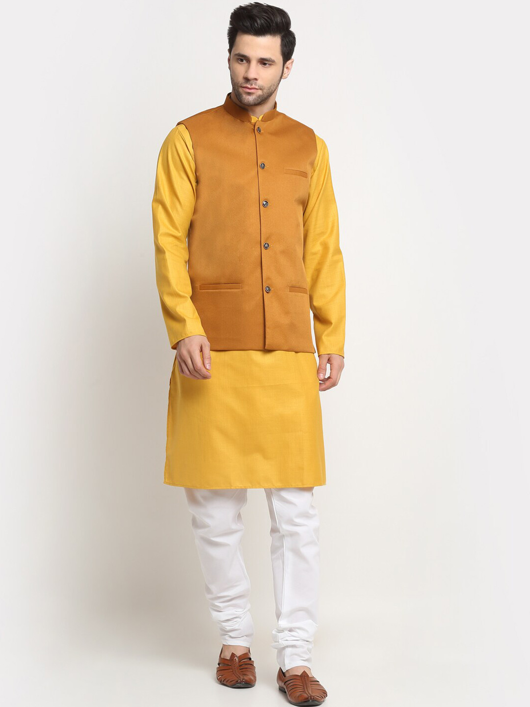 

KRAFT INDIA Mandarin Collar Straight Kurta With Churidar & Nehru Jacket, Mustard