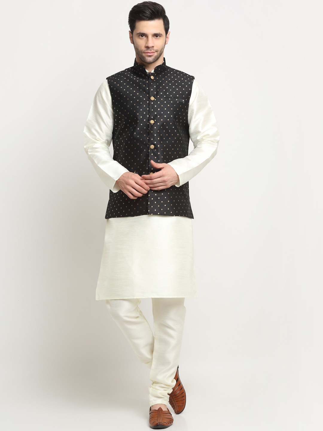 

KRAFT INDIA Men Regular Kurta & Churidar With Nehru Jacket Set, Cream