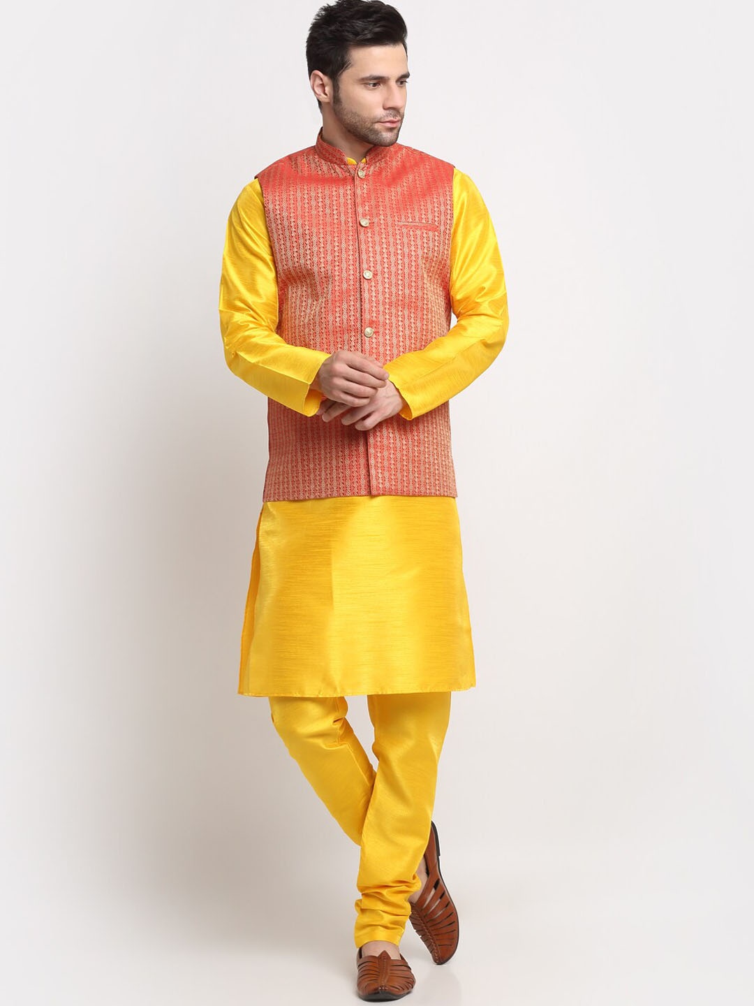 

KRAFT INDIA Regular Kurta With Churidar & Nehru Jacket, Yellow
