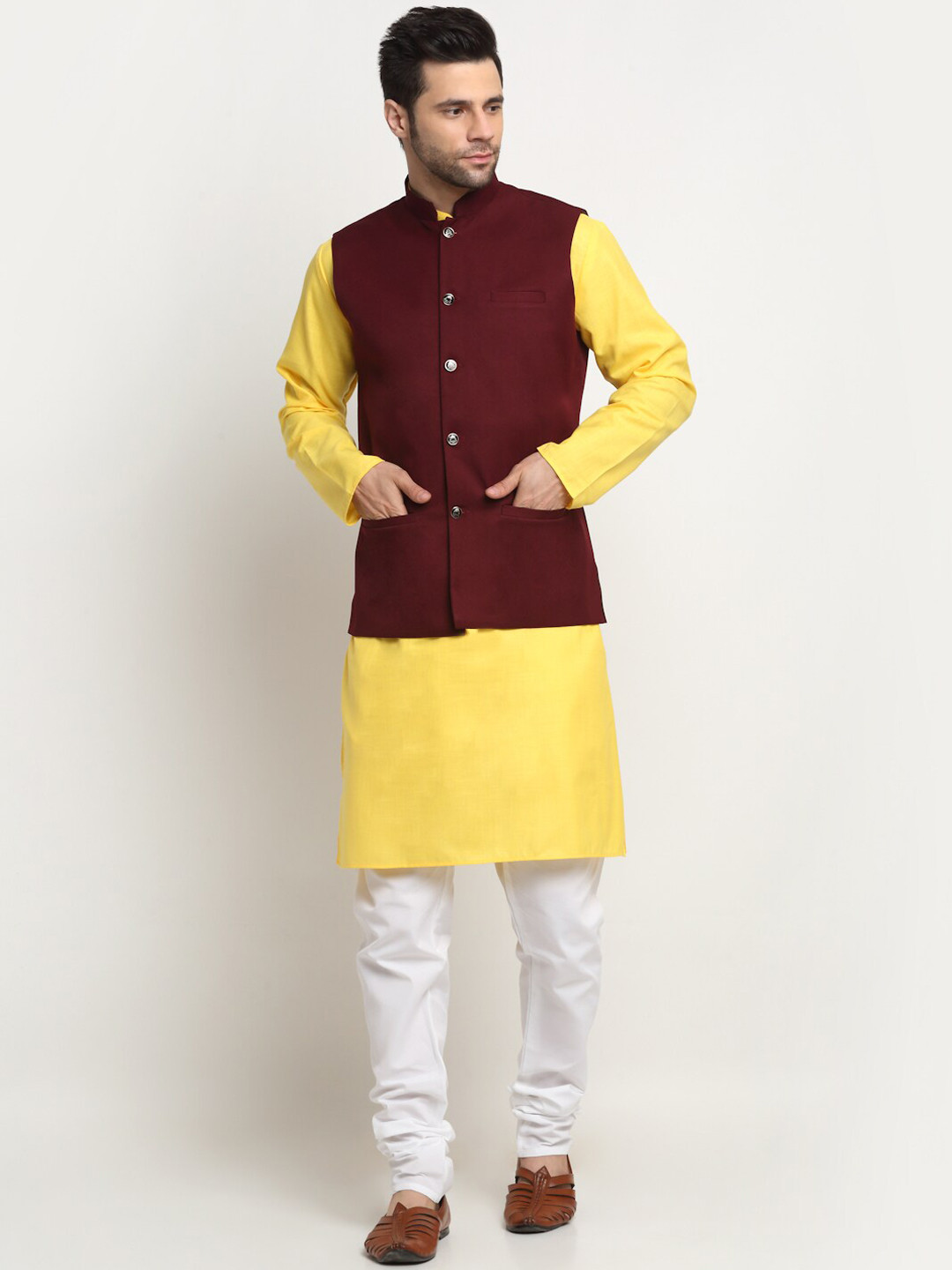 

KRAFT INDIA Mandarin Collar Kurta With Churidar & Nehru Jacket, Yellow
