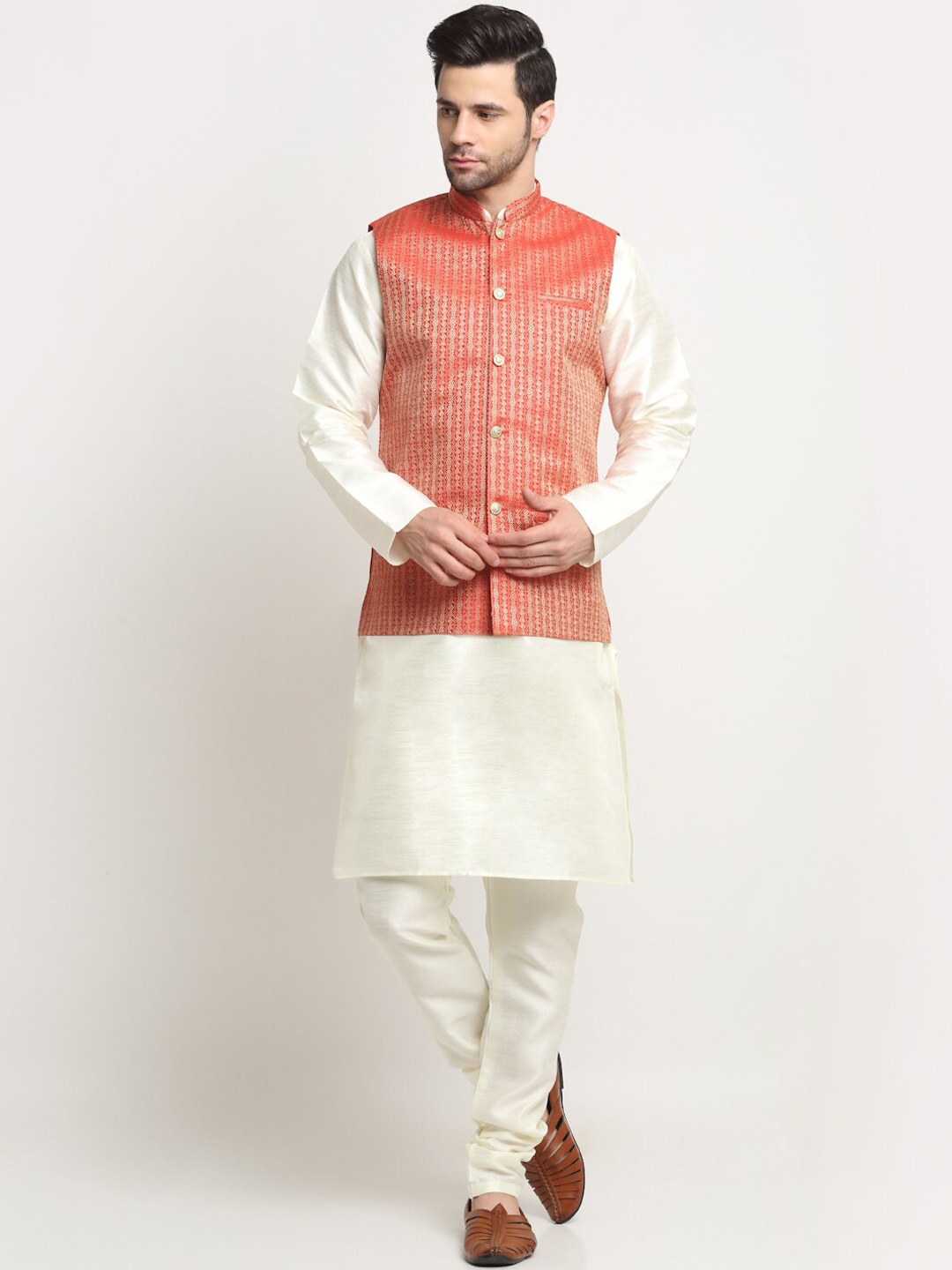 

KRAFT INDIA Paisley Woven Design Regular Kurta & Churidar With Nehru Jacket, Cream