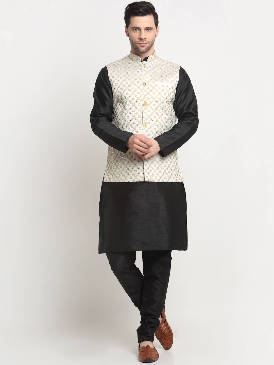 

KRAFT INDIA Mandarin Collar Kurta & Churidar With Nehru Jacket, Black