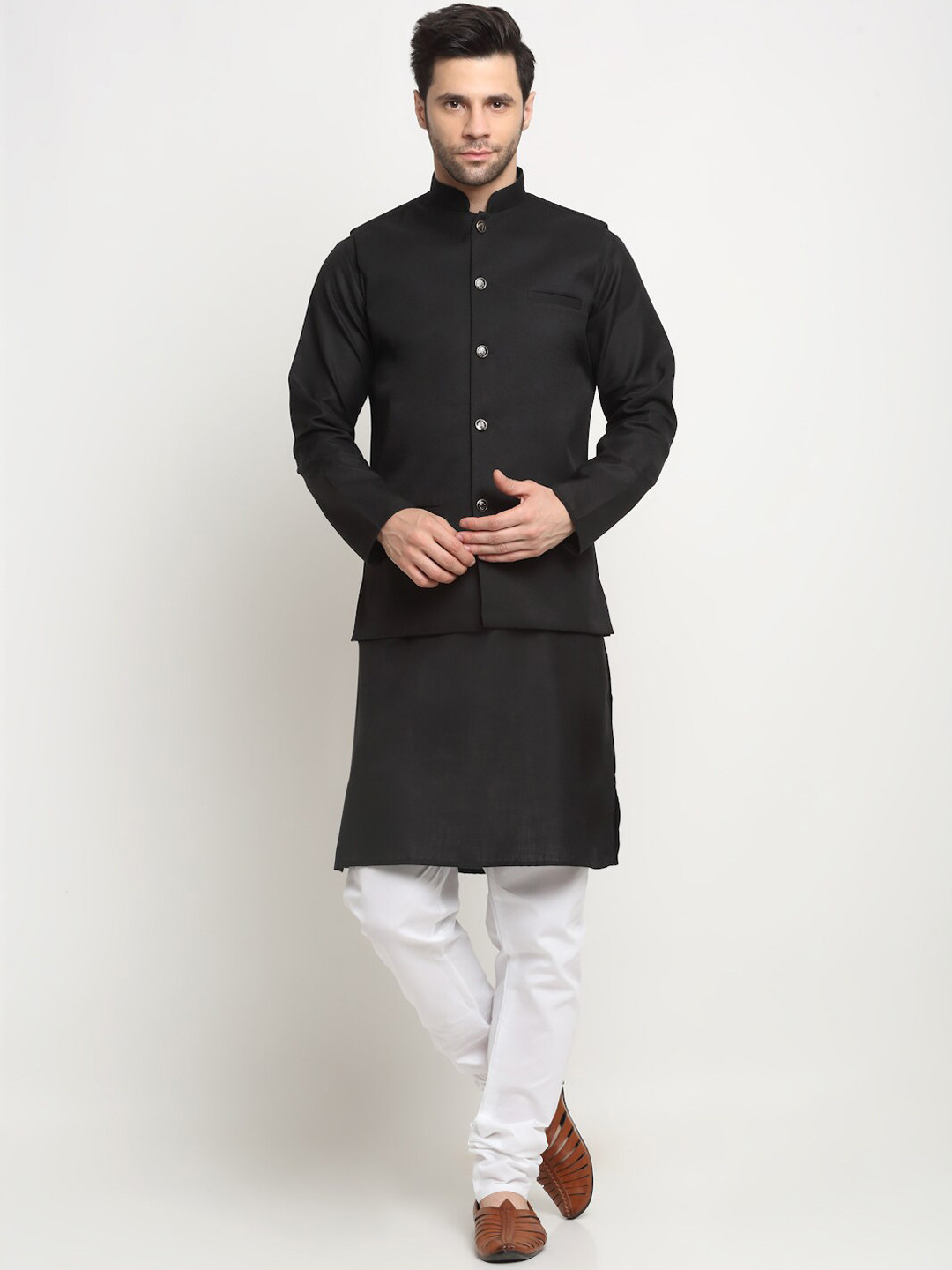 

KRAFT INDIA Mandrin Collar Kurta with Churidar & Nehru Jacket, Black