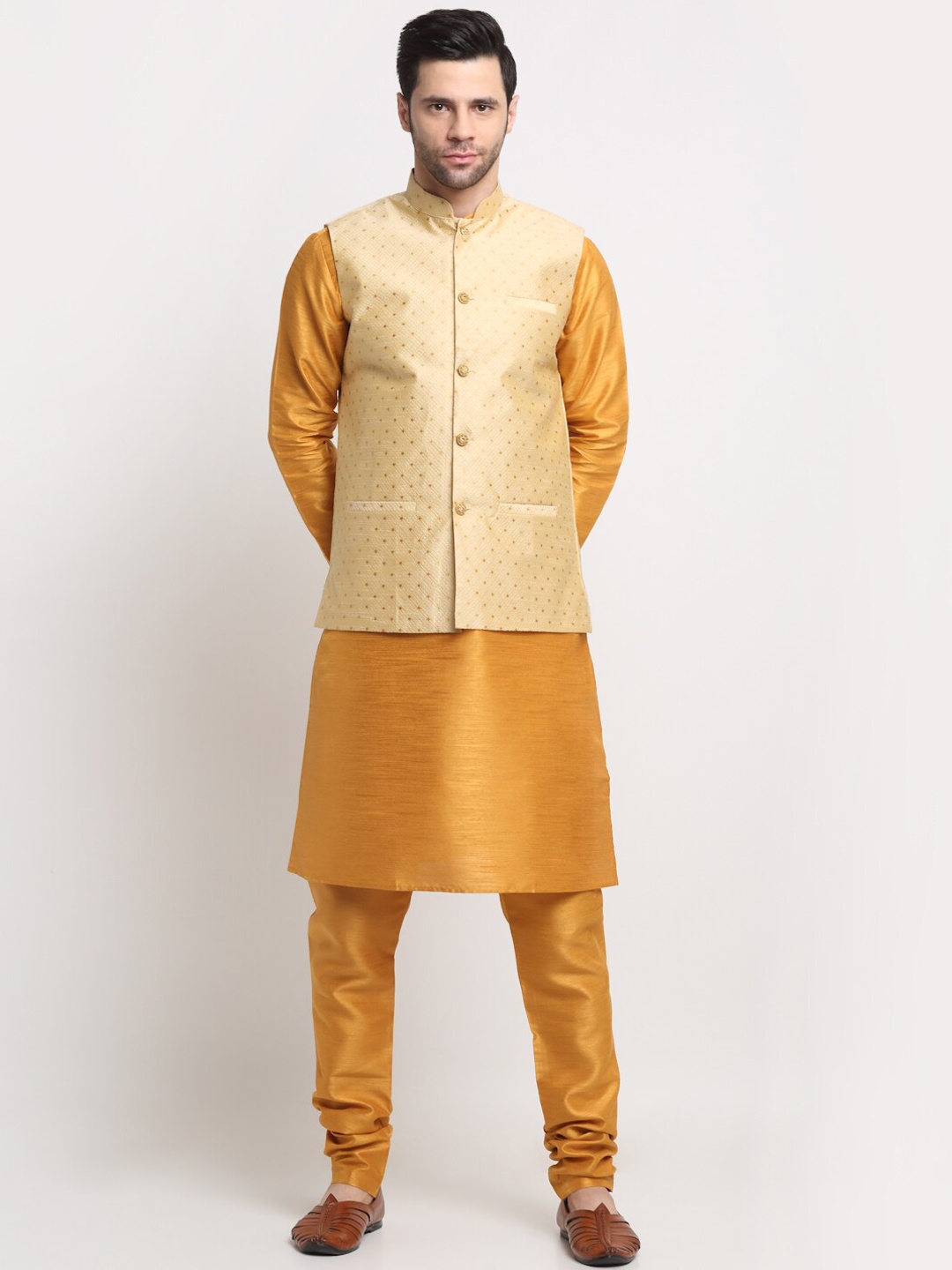 

KRAFT INDIA Mandarin Collar Kurta With Churidar & Nehru Jacket, Mustard