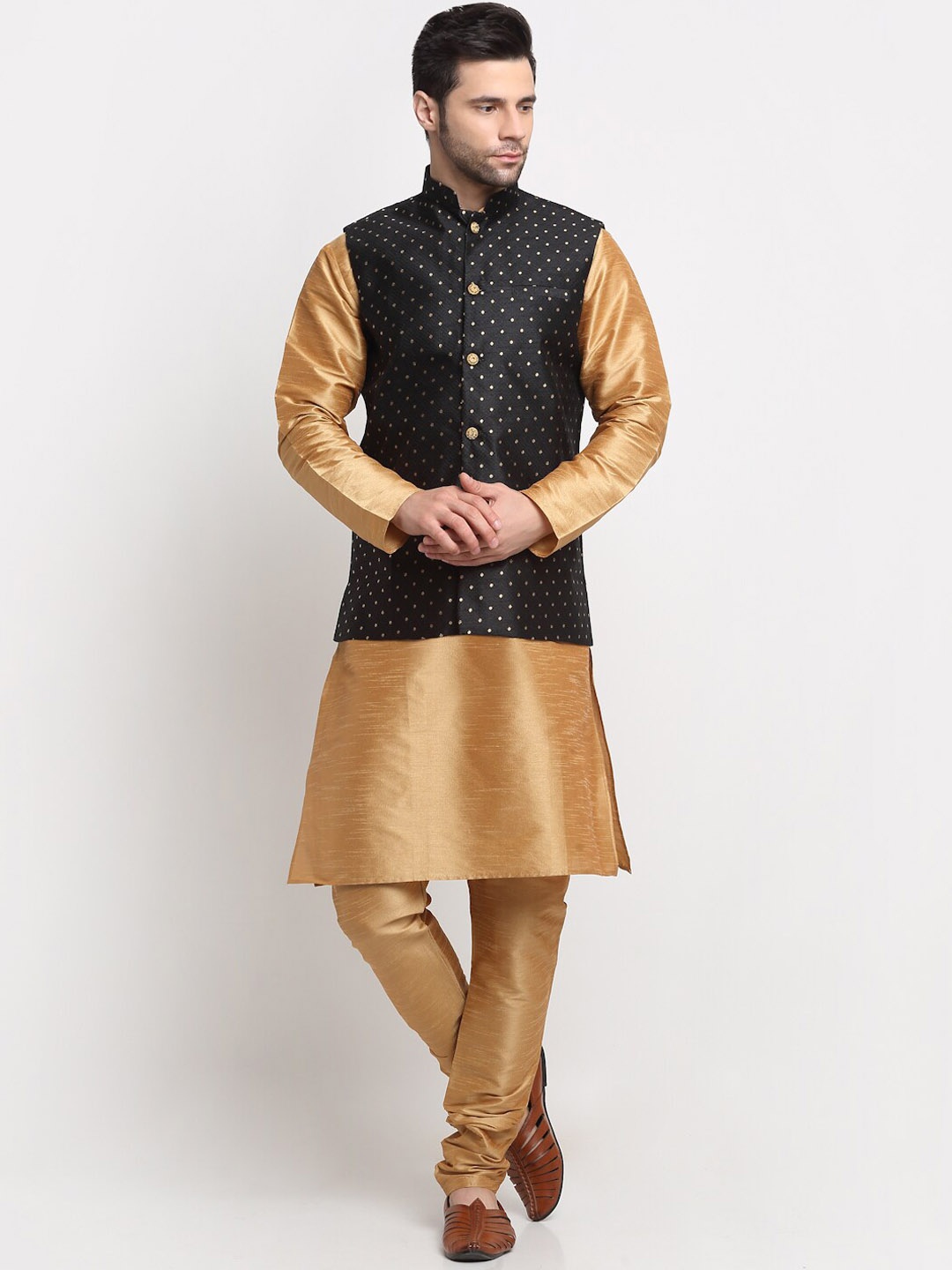 

KRAFT INDIA Men Kurta With Churidar And Polka Dot Nehru Jacket, Gold