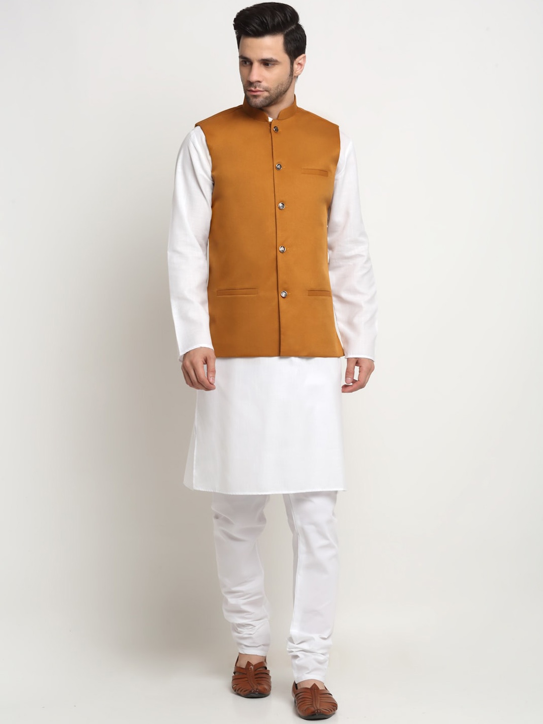 

KRAFT INDIA Mandarin Collar Pure Cotton Kurta with Churidar & Nehru Jacket, White