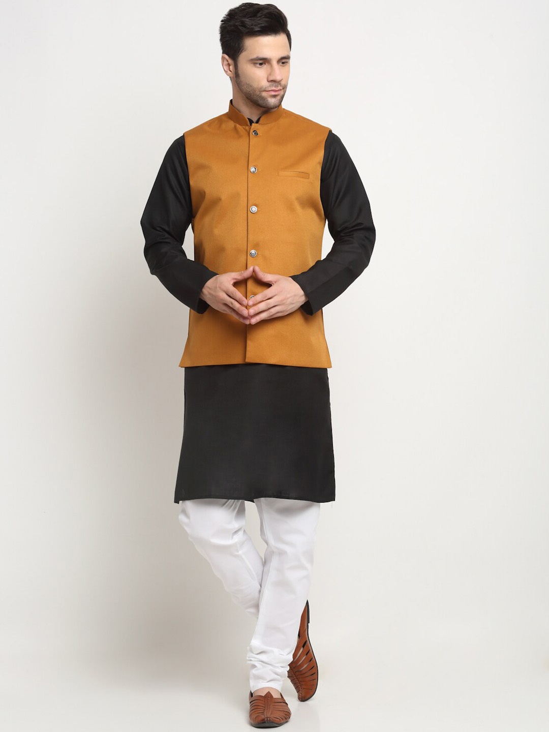 

KRAFT INDIA Mandarin Collar Pure Cotton Kurta & Churidar With Nehru Jacket, Black