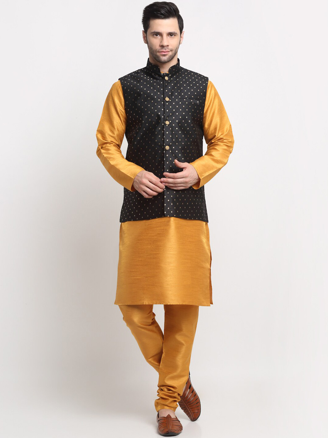 

KRAFT INDIA Straight Pure Silk Kurta With Churidar & With Nehru jacket, Mustard