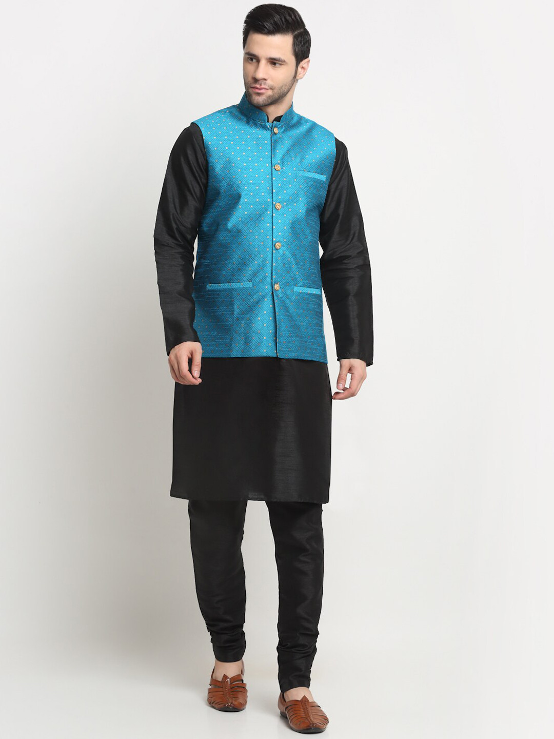 

KRAFT INDIA Regular Pure Silk Kurta With Churidar & Nehru Jacket, Black