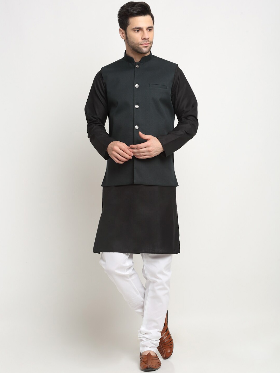 

KRAFT INDIA Pure Cotton Kurta with Churidar & Nehru Jacket, Black