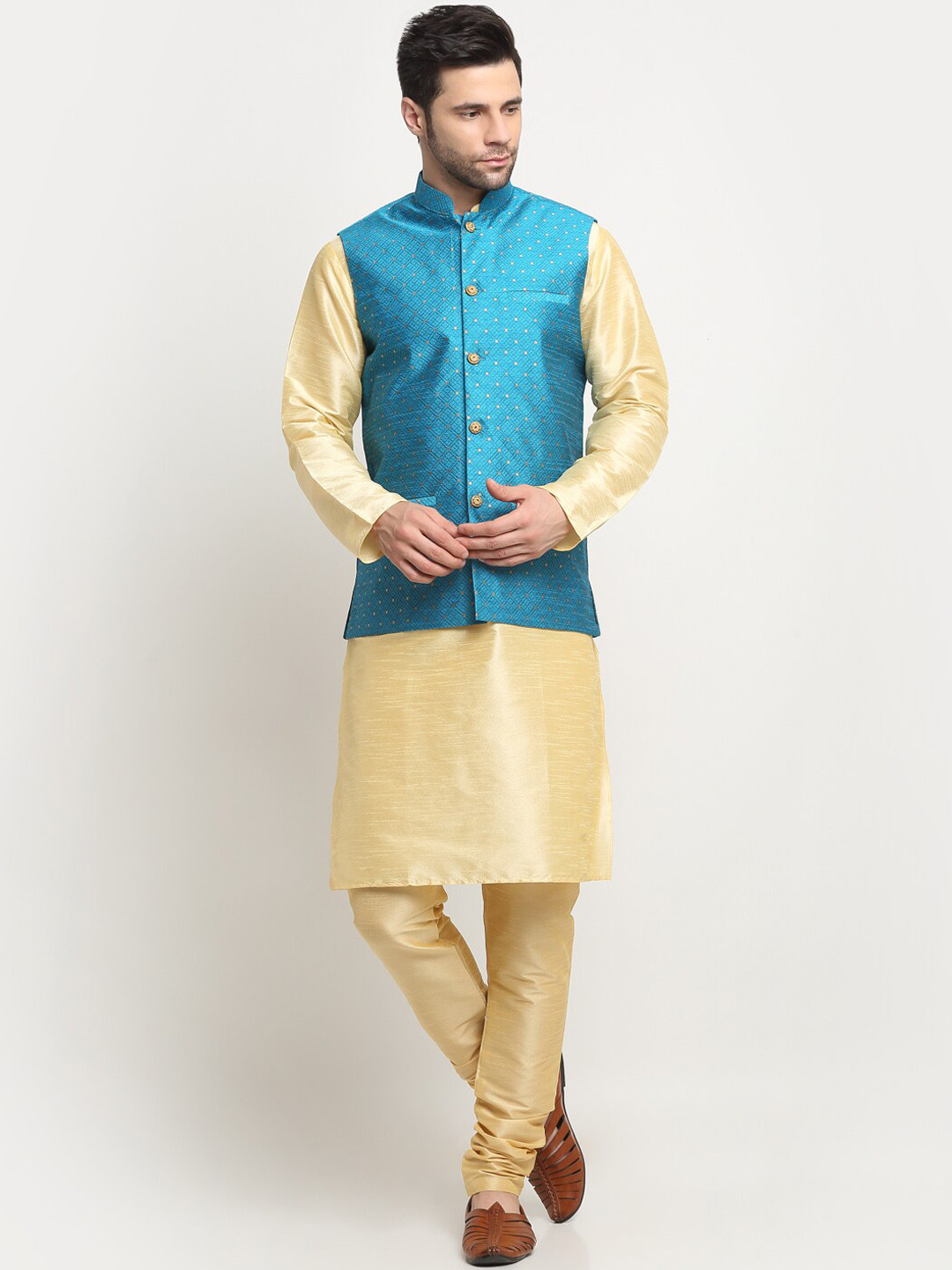 

KRAFT INDIA Regular Pure Silk Kurta with Churidar With Nehru Jacket, Beige