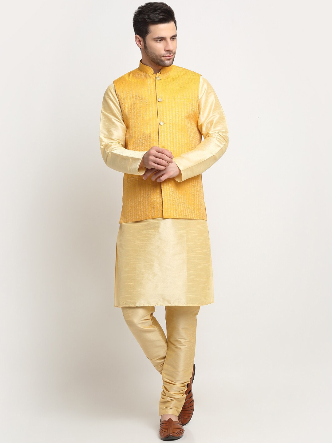 

KRAFT INDIA Pure Silk Kurta With Churidar & Woven Design Nehru Jacket, Beige