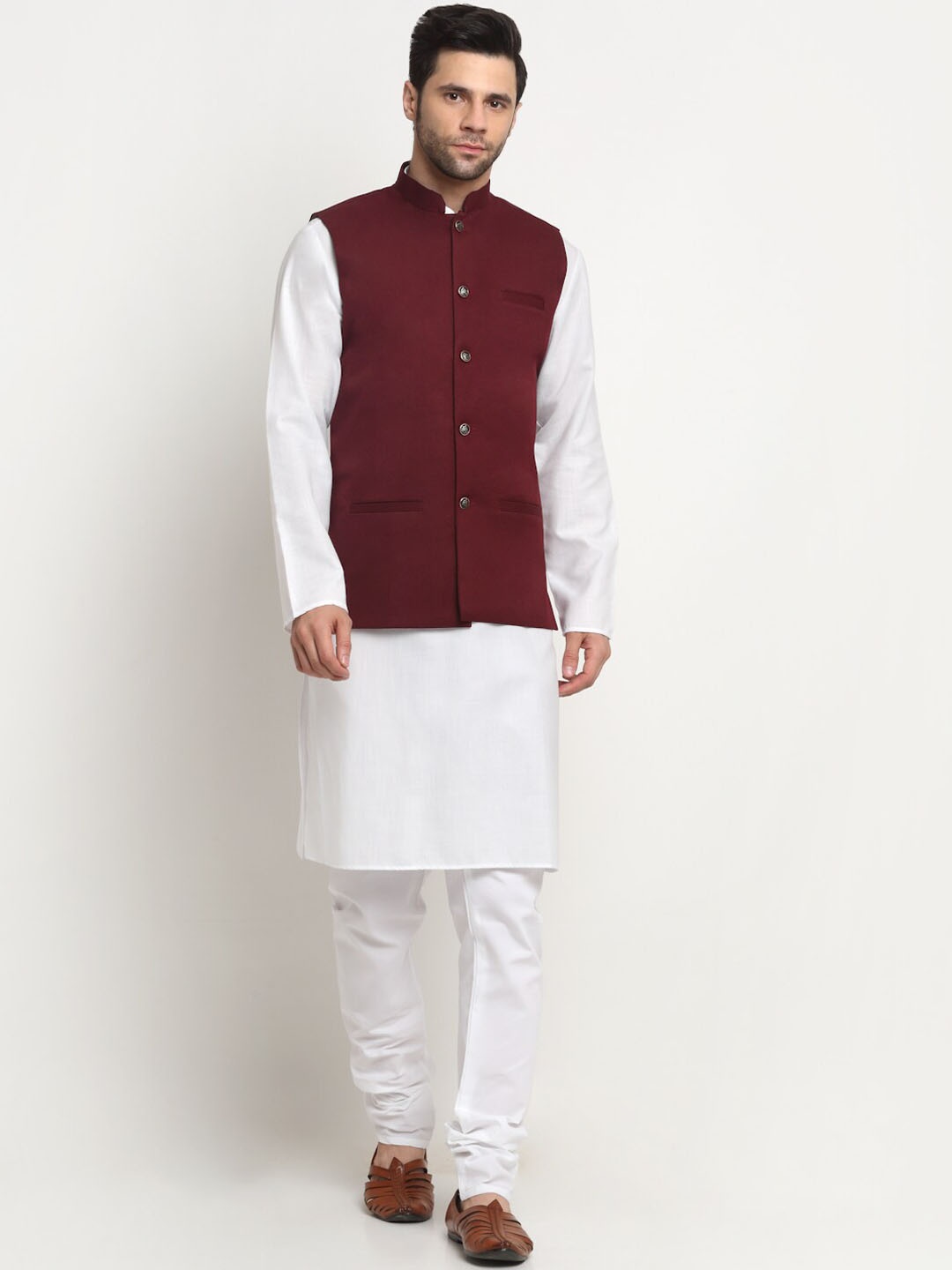 

KRAFT INDIA Regular Pure Cotton Kurta With Churidar & Nehru Jacket, White