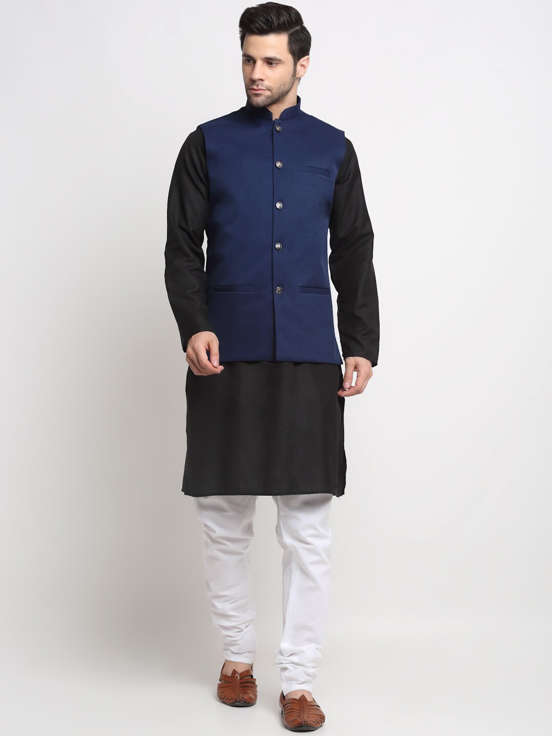 

KRAFT INDIA Mandarin Collar Pure Cotton Kurta & Churidar With Nehru Jacket, Black