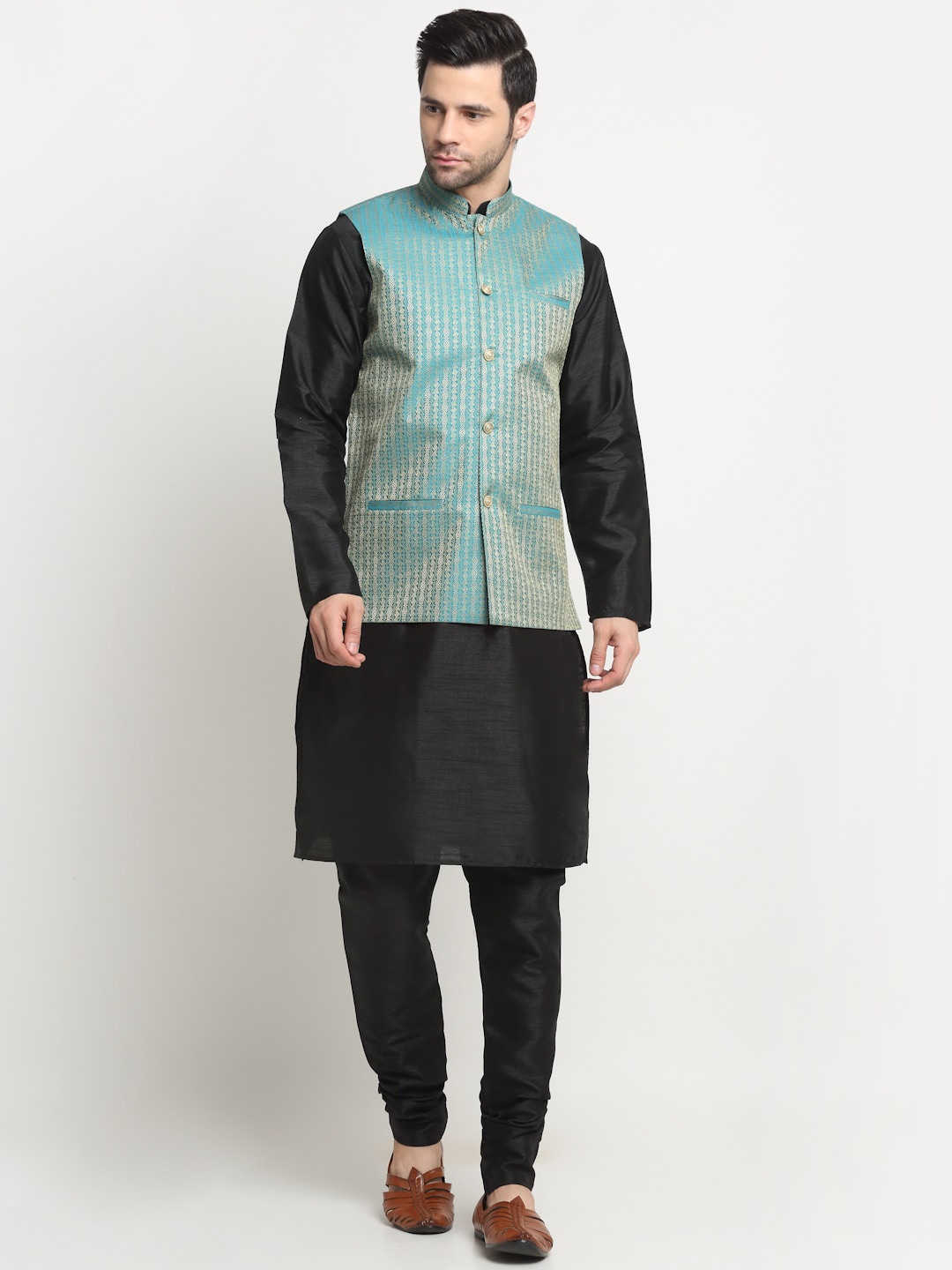 

KRAFT INDIA Men Regular Pure Silk Kurta & Churidar With Nehru Jacket Set, Black