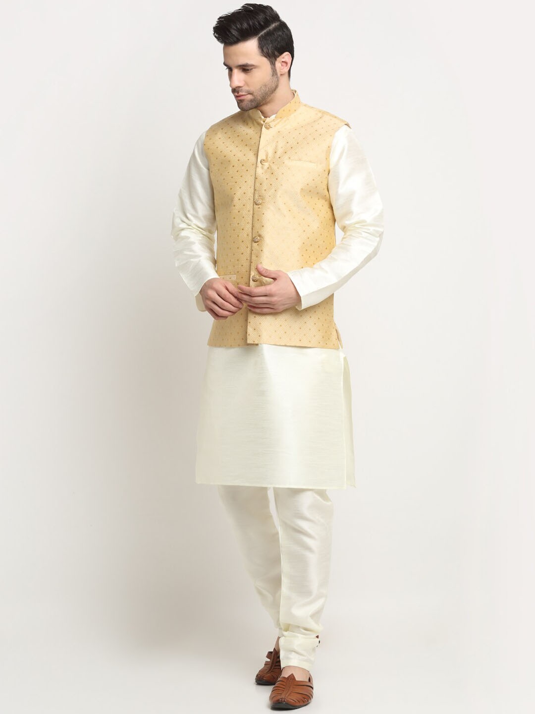 

KRAFT INDIA Mandrin Collar Pure Silk Kurta with Churidar & Nehru Jacket, Cream