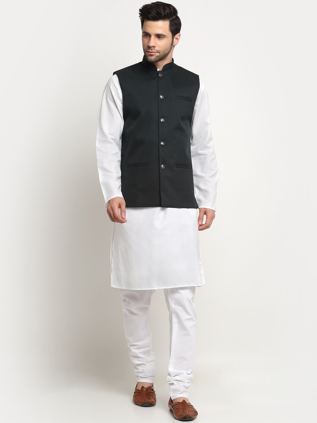 

KRAFT INDIA Mandarin Collar Regular Pure Cotton Kurta with Churidar & Nehru Jacket, White