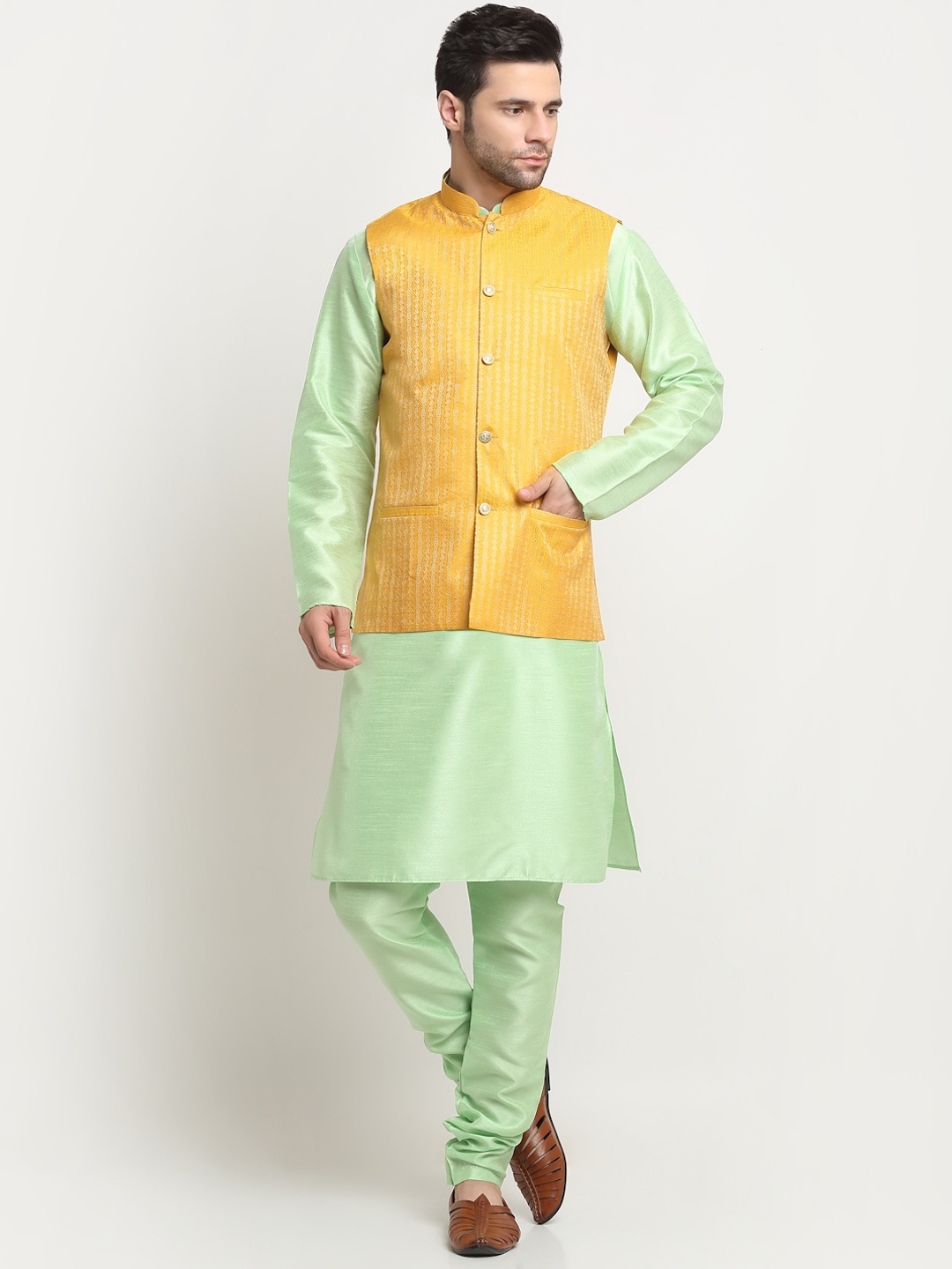 

KRAFT INDIA Men Pure Silk Kurta With Churidar And Woven Design Nehru Jacket, Sea green