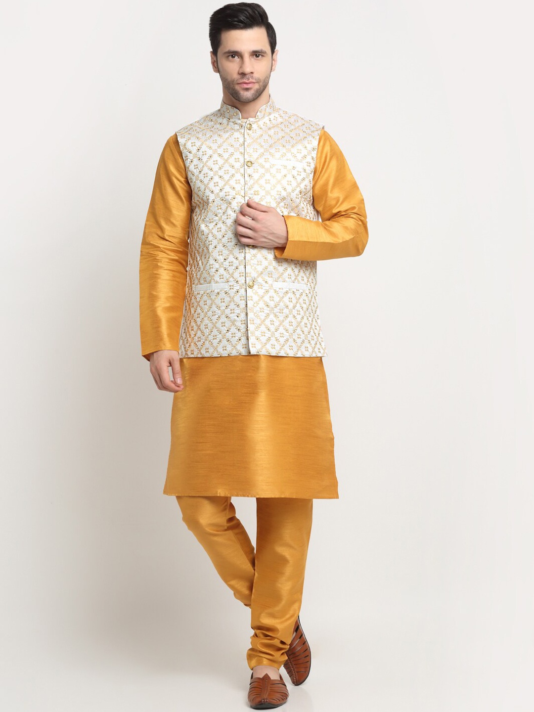 

KRAFT INDIA Mandrin Collar Pure Silk Kurta with Churidar & Nehru Jacket, Mustard